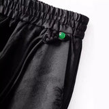 Jacquard Straight Trousers 2024 Summer New Chinese-Style High-Waist Satin Buckle Casual Wide-Leg Trousers-Outfit