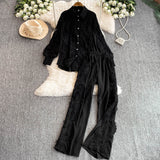Light Luxury Heavy Lace Splicing Temperament Long-Sleeved Shirt Tight High Waist Thin Broad Leg Trousers Two Sets Of