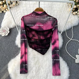 Gradient Mesh Sexy Women Top American Style Fashion Letter Long Sleeve Stand Neck Sheer Autumn Thin Sun Proof T