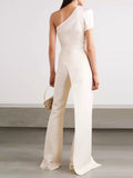 Patchwork Jumpsuits For Women Diagonal Collar Off One Shoulder High Waist Tunic Wide Leg Pants Solid Jummpsuit