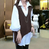 Winter Knitted Sweater Vest Female Clothing Commute Two Piece Set Korean Stylish Asymmetrical Loose Casual V-Neck