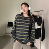 Toloer Collar Striped Long-Sleeved T-Shirt Women's Autumn 2024 New Design Feeling Loose Show Thin Casual Students Slit