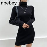 Long Sleeve Knitted Bodycon Autumn Winter Dress Women Mini Casual Basic Slim Turtleneck Dresses Black