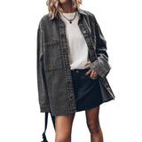 Women's Retro Long-Sleeved Denim Jacket Blue Big Pocket Casual Shirt