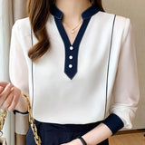 Women V-Neck White Chiffon Blosue Shirt Women Tops Long Sleeve Blouse Women Blusas Mujer De Moda 2021 Blouses Femme