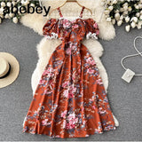 Women Casual Summer Female Fashion Strap Dress Slash Neck Korean Floral Sundress Ladies Lace Party Beach Long
