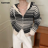 Vintage Stripe Hoodes Cardigans Double Zipper Women Chic Knitwear Autumn Ladies Cashmere Jacket Elegant Sweater
