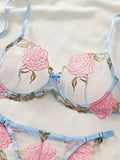 Blue Sheer Rose Embroidered Lingerie Set-Outfit