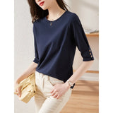 Toloer Design Five Sleeve T Shirt Summer 2023 New Fashion Button Design Five Sleeve T Shirt Women-Outfit