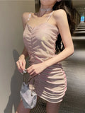 Dresses Women Spaghetti Strap Sexy Rhinestone V Neck Ruched Stretch Bodycon Dress Ladies Elegant Party Clubwear-Outfit