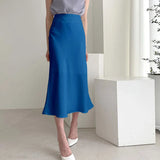 Satin High Waist Skirts Women 2021 New Soft Smooth Silk Office Lady Basic Midi Skirt Chic Elegant Glossy Long