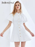 Metal Button Patchwork White Dress For Women Round Neck Puff Sleeve Casual Mini Dresses Female Fashion New