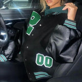 Baseball Bomber Jacket Women Hip Hop Letter Patchwork PU Leather Streetwear Autumn 2021 College Oversized Coats Varsity