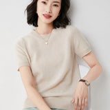 Toloer Female Round Collar Loose T-Shirt Inside Build Sweater Spring Autumn Base Outside Wear Short Sleeve Hair-Outfit