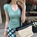 Solid Color U-Collar Short-Sleeved T-Shirt Women's New Springy Slim, Simple And Easy To Wear In Summer-Outfit