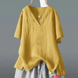 Summer New Solid Color Buffet Short-Sleeved V-Neck T-Shirt Women Irregular Large Cotton Loose Leisure