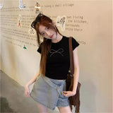 Toloer Summer Hot Girls Short Sleeve T-Shirt Women's Crop Black Bow Hot Diamond Slim Short Top