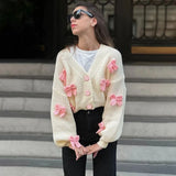 White Short Pink Bow Cardigan-Outfit