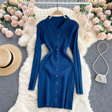 Women Sexy Sweater Dress Turndown-Collar Long Sleeves Elastic Pencil Dress Autumn Button Bodycon Stripe knitted