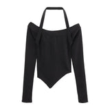 Toloer Shoulder Hanging Neck Long-Sleeved T-Shirt Female 2024 New Hot Girl With A Short Bottom Shirt Student