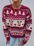 Santa Trees Elk Print O-Neck Red Christmas