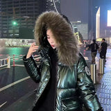 New Winter Puffer Jacket Women Warm Thicken Hooded With Fur Long Coat Shining Stylish Female Parka Manteau Femme