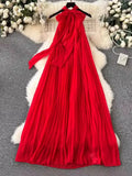 Dress Women's Spring / Summer 2024 New Heavy Industry Pleated Chiffon Neck Beach Skirt Medium Length Skirt-Outfit