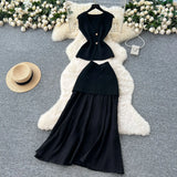 Fan Temperament Two Sets Of Summer High-End Sleeveless Knitting Top High-Waisted Splicing Bag Hip Skirt