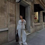 And Summer Women's Solid Color Tie Shirt Broad Leg Trousers Set Casual Two