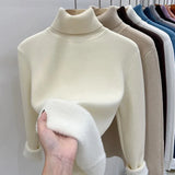 Velvet Turtleneck Pullovers Women Korean Fashion Lined Warm Sueter Knitted Slim Top Winter Jersey Knitwear Jumper