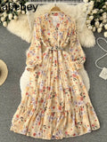 Fashion Summer Maxi Dress Women's Printed Sundress Casual Long Sleeve Vestidos Female High Waist Robe