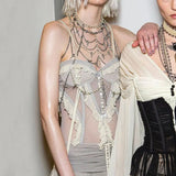 Toloer Mesh Perspective Design Slim Chest Condole Shirt 2023 New Pure Desire Gray Vest Without Bead Chain-Outfit