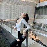 Low-Chested European Version Of The Ins Square Lead Long-Sleeved Knitted Shirt Women Autumn New Oceanic Set-Up