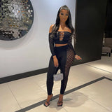 Women's Clothing 2025 Mesh Perspective Hollow Diamond Wrap Bra Long Sleeve Trousers Casual