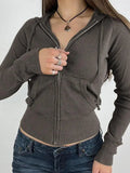 Solid Ribbed Zip Up Drawstring Hooded Long Sleeve Knit-Outfit