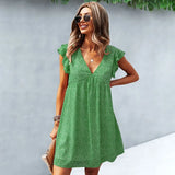 V Neck Floral Print Short Dress Sexy Yellow Women Summer Dress with Lining Lady Ruffle Sleeve Casual Loose Outfit