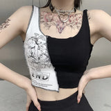 Toloer Personality Splicing Contrast Color Print Outside The Top Female Ins Inside The Lace Female Student Sling Shirt Tide-Outfit