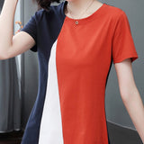 Summer Tshirts Women's Clothing New Round Neck Short Sleeve Temperament Patched Elegant Loose Casual Commuter Tops-Outfit