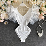 Women Ruffles Flying Sleeve Bodysuits 2022 Summer Fashion High Waist V Neck Casual Romper White Yellow