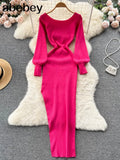 Women Korean Knitted Dress Long Sleeve Slash Neck Elastic Slim Pencil Dresses 2022 Autumn Sexy Bodycon Split Sweater
