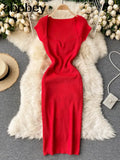Spring Summer Dress Knitted Solid Sqaure Neck Sexy Bodycon Dresses for Women Stretch Vestidos Short Sleeve