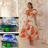 Spring Summer New Temperament Printing Bubble Sleeve High-End Dress