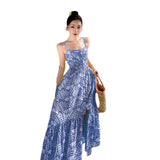 French Embroidery Hollow Out Fish Bone Perspective Sling Flounce Waist Show Thin Holiday Wind Beach Dress Summer-Outfit