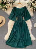 Sweet Solid Women Square Collar Flying Sleeve Ruffle A-line Dresses Summer Boho Chiffon Midi