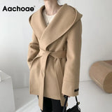 Aachoae Women Solid Color Wool Coats With Belt Long Sleeve Hooded Pockets Coats Female Chic Elegant