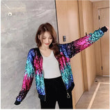 Women Spring New Glittering Sequins Embroidery Long-sleeved Loose Coat Female Temperament Cardigan Sports Short
