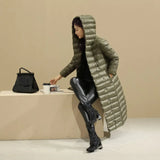 Autumn And Winter New Belt Long Down Jacket Female Over The Knee Fat MM Large Size Inner Liner Light Coat Tide-Outfit