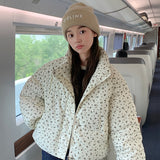 Female Winter 2024 New Korean College Wind And Thick Long Sleeve Cotton-Padded Coat Flower Cotton-Padded Jacket-Outfit