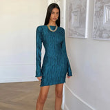 Long Sleeve Pleated Textured Mini Dress-Outfit
