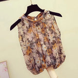 Halter Floral blouse women 2022 summer Korean Sexy fashion elegant loose sleeveless halter retro chiffon shirt